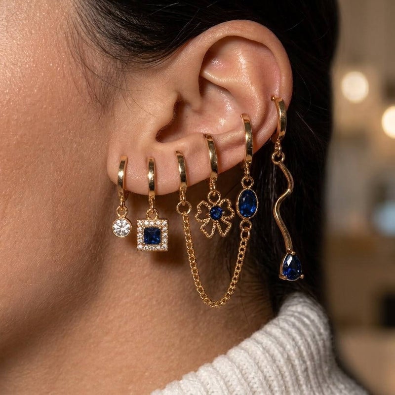 Women's 6-Piece Gold-Plated Hoop Earrings Set with Blue Stones - Image 5