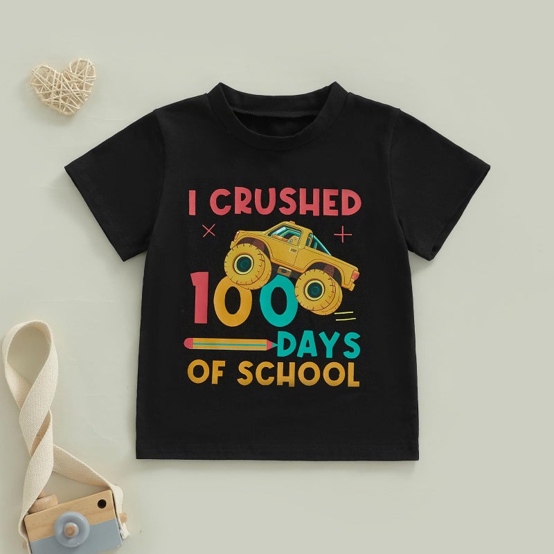 Douhoow Boys 100 Days of School Shirt Letter Print Short Sleeve Toddler Boy Tshirts 100th Day of School Shirt for Kids (Black A, 6-7 Years) - Image 3
