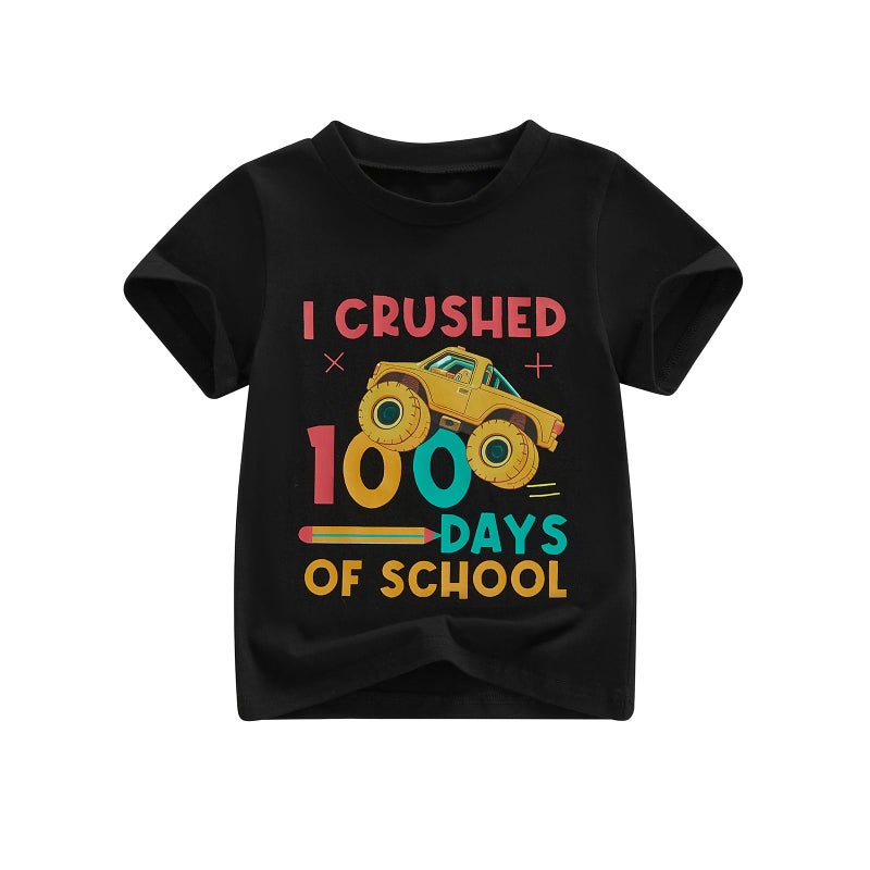 Douhoow Boys 100 Days of School Shirt Letter Print Short Sleeve Toddler Boy Tshirts 100th Day of School Shirt for Kids (Black A, 6-7 Years) - Image 1