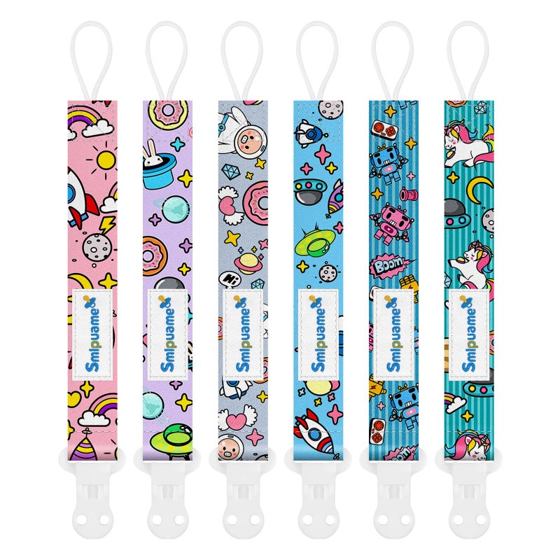 Smlpuame Pacifier Clip Girl,6 Pack Stylish Binky Clips Strap for Baby Girls,Paci Holder with Clip Lightweight Universal Fits Most Pacifiers Teether Toy Teething Ring Soothie,Baby Gift(Travel in Space) - Image 1