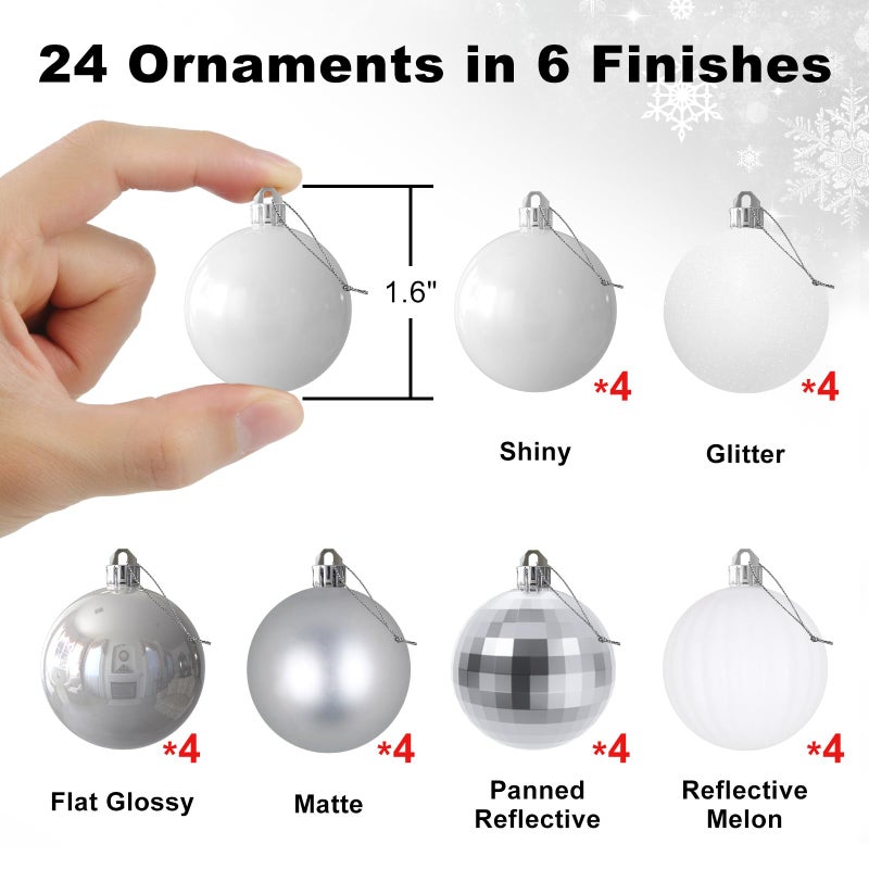 GameXcel White & Silver 1.6"" Small Christmas Balls Christmas Tree Decoration Ornaments Shatterproof Hanging Balls for Birthday Halloween Holiday Wedding Decorations Set of 24pcs - Image 2