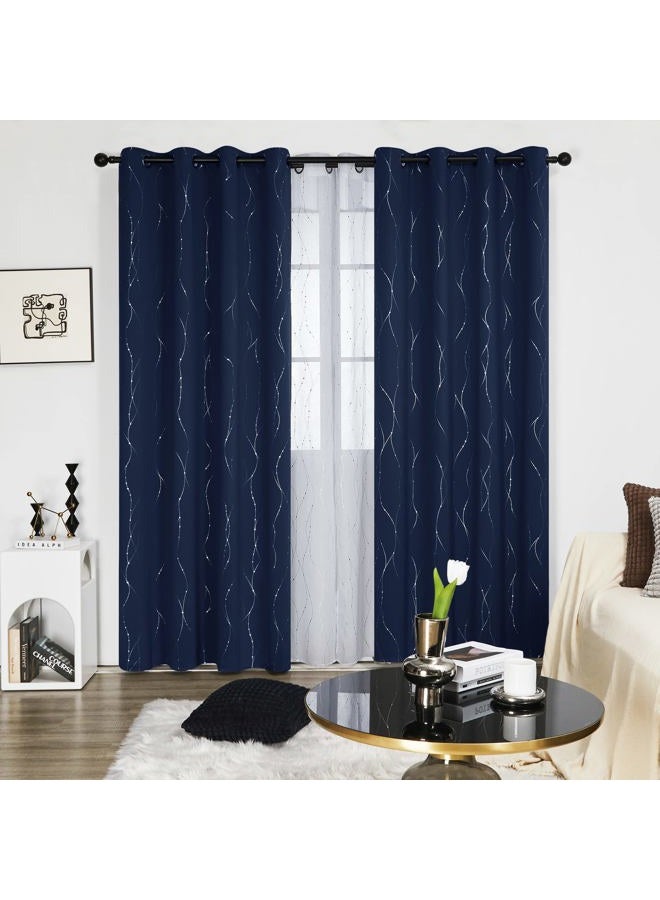 Deconovo Blackout Grommet Silver Pattern Printed Curtains, Navy Blue, 52W x 84L - Image 2