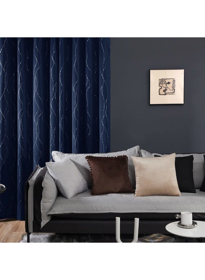 Deconovo Blackout Grommet Silver Pattern Printed Curtains, Navy Blue, 52W x 84L - Image 4