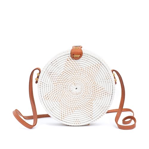 Novum Crafts Round Rattan Bag for Women - Handmade Rattan Straw Bags - Wicker Purse - Boho Bag - White Round Rattan Crossbody Beach Bags - Image 1
