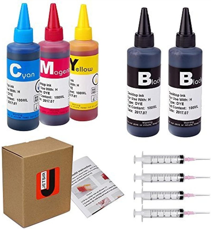 JETSIR 4 Color Ink Refill kit for HP 950 951 932 933 60 61 952 902 901 62 63 21 22 920 940 934 564 711 970 971 94 95 96 Ink Cartridge (2 Black 1 Cyan 1 Magenta 1 Yellow) 100ML x5 Bottle with Syringe - Image 1