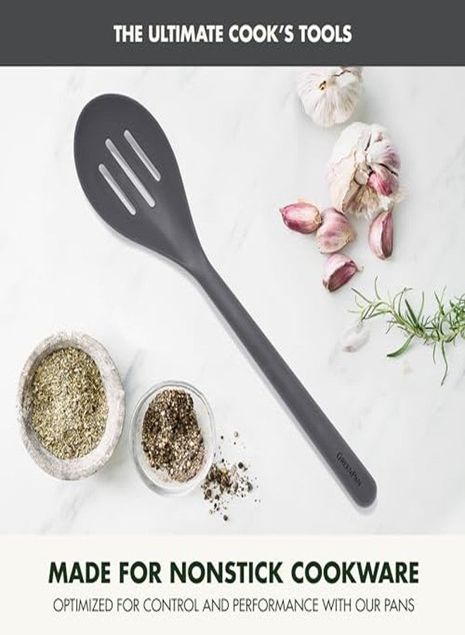 GreenPan Silicone Slotted Spoon, Cooking Kitchen Utensil, Mixing Stirring Serving, Flexible Rubber Nonstick Cookware, Rigid Steel Core Heat-Resistant, Anti-Slip Handle, BPA-Free, Dishwasher Safe, Gray - Image 3