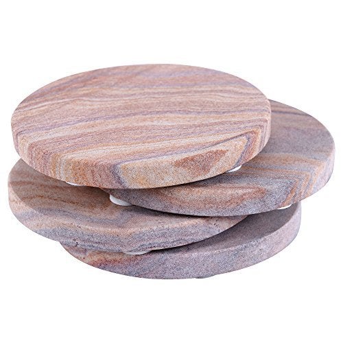 GoCraft Sandstone Absorbent Round Coasters  Natural Yellow Sandstone Coasters for Drinks Beverages  WineBar Glasses Set of 4