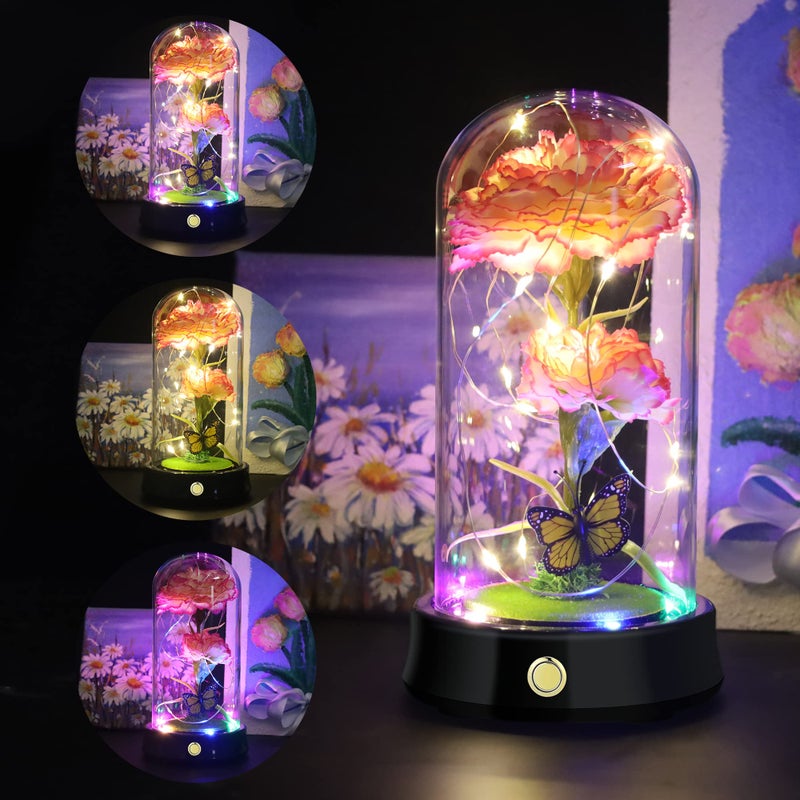 QUELIEN Valentines Day Carnation Flowers Gifts for Mom Pink Artificial Carnation in Glass Dome with Led Light for Mother's Day Valentine's Day Birthday Christmas (Pink-White) - Image 3