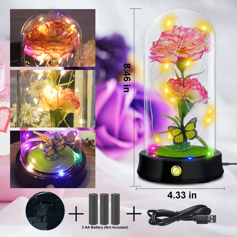 QUELIEN Valentines Day Carnation Flowers Gifts for Mom Pink Artificial Carnation in Glass Dome with Led Light for Mother's Day Valentine's Day Birthday Christmas (Pink-White) - Image 4