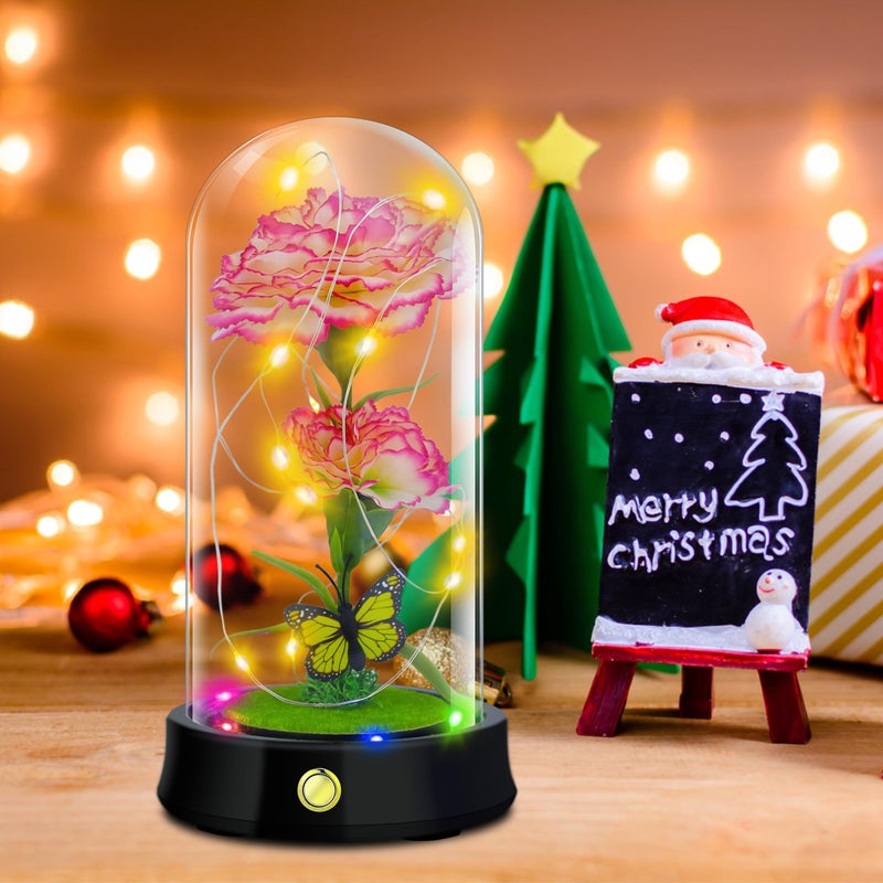 QUELIEN Valentines Day Carnation Flowers Gifts for Mom Pink Artificial Carnation in Glass Dome with Led Light for Mother's Day Valentine's Day Birthday Christmas (Pink-White) - Image 2