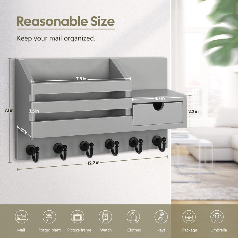 FifthQuarter Key and Mail Holder for Wall, Mail Organizer Wall Mount with 6 Hooks and Storage Drawer, Easy Installation Key Rack for Entryway and Home Decor (A-Grey) - Image 2