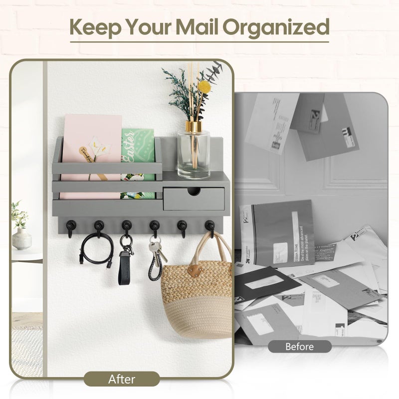 FifthQuarter Key and Mail Holder for Wall, Mail Organizer Wall Mount with 6 Hooks and Storage Drawer, Easy Installation Key Rack for Entryway and Home Decor (A-Grey) - Image 3