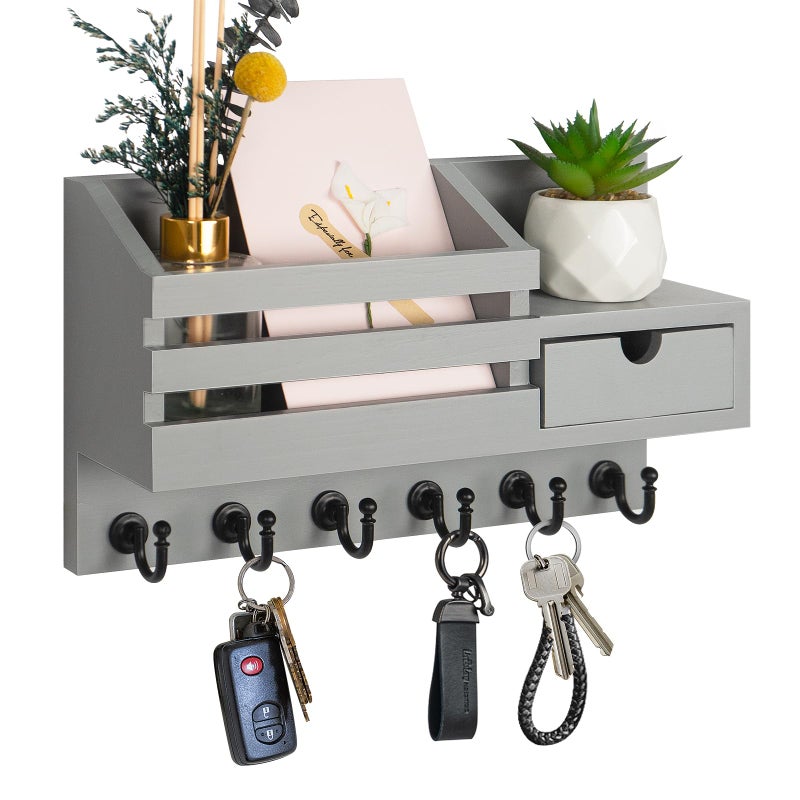 FifthQuarter Key and Mail Holder for Wall, Mail Organizer Wall Mount with 6 Hooks and Storage Drawer, Easy Installation Key Rack for Entryway and Home Decor (A-Grey) - Image 1