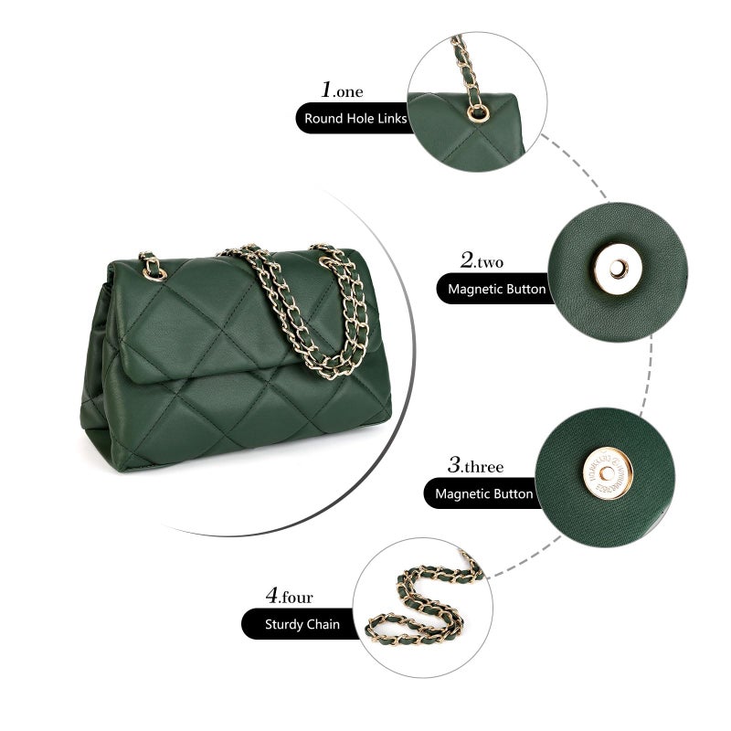 Gladdon Quilted Crossbody Purses for Women Small Ladies Shoulder Bags with Chain Trendy Clutch Purse Cute Designer Bag Dark Green - Image 4