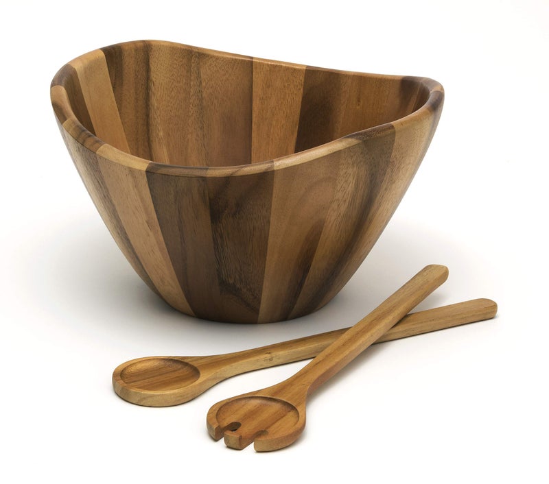 Lipper International Acacia Large Wave Bowl with Servers, 162.31 fl.oz.,Brown - Image 1