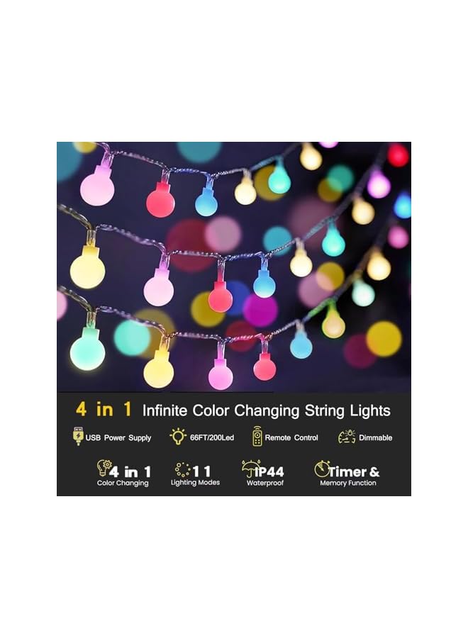 The Bros أضواء خيطية متغيرة الألوان بلا حدود بطول 66 قدم/20 متر و200 لمبة LED، أضواء كروية سحرية تعمل بالـ USB مع مؤقت عن بُعد، 11 وضعًا للأضواء الداخلية والخارجية للحفلات والزفاف وغرفة النوم والفناء والحديقة والتخييم وزينة عيد الميلاد. - Image 3