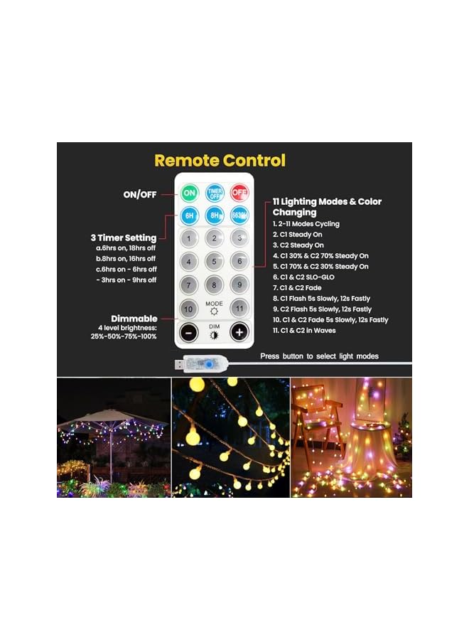 The Bros أضواء خيطية متغيرة الألوان بلا حدود بطول 66 قدم/20 متر و200 لمبة LED، أضواء كروية سحرية تعمل بالـ USB مع مؤقت عن بُعد، 11 وضعًا للأضواء الداخلية والخارجية للحفلات والزفاف وغرفة النوم والفناء والحديقة والتخييم وزينة عيد الميلاد. - Image 5