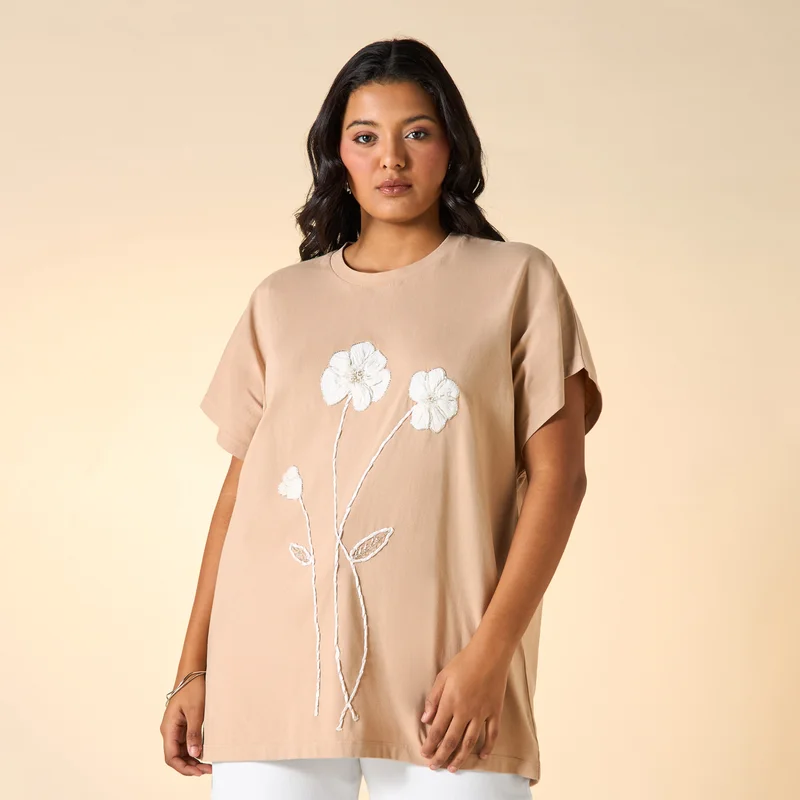 Ulla Popken Plus Size Ulla Popken Floral Embroidered T-shirt