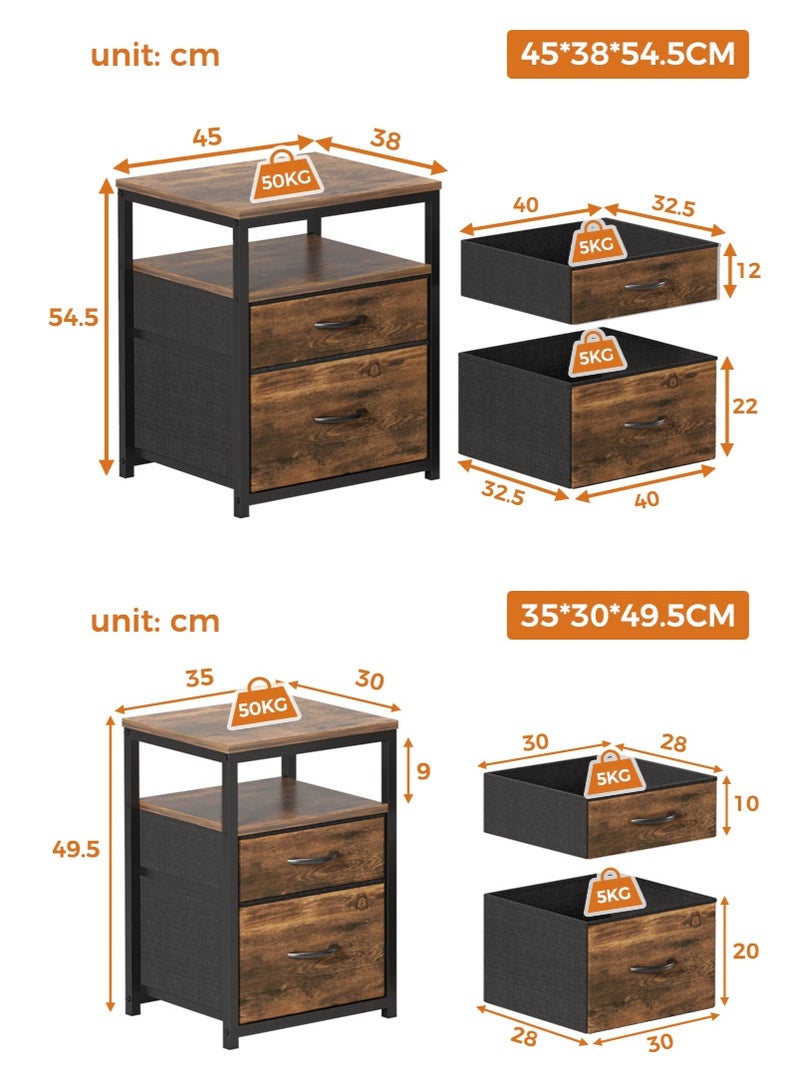 عنيد طاولة جانبية للسرير، كومدينه بدرجين قماشيين ورف مفتوح واحد، سطح خشبي وإطار معدني، طاولة جانبية لغرفة المعيشة وغرفة النوم، كمدينه سرير بثلاثة مستويات. - Image 2