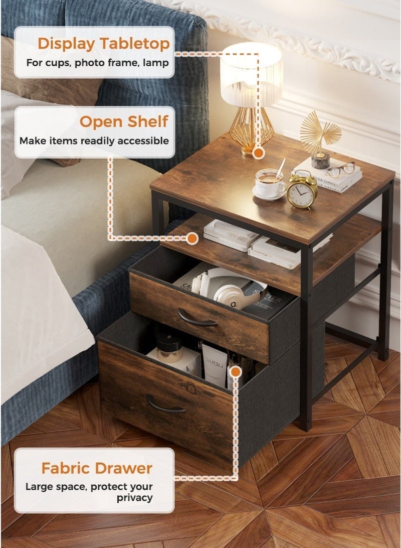 عنيد طاولة جانبية للسرير، كومدينه بدرجين قماشيين ورف مفتوح واحد، سطح خشبي وإطار معدني، طاولة جانبية لغرفة المعيشة وغرفة النوم، كمدينه سرير بثلاثة مستويات. - Image 4