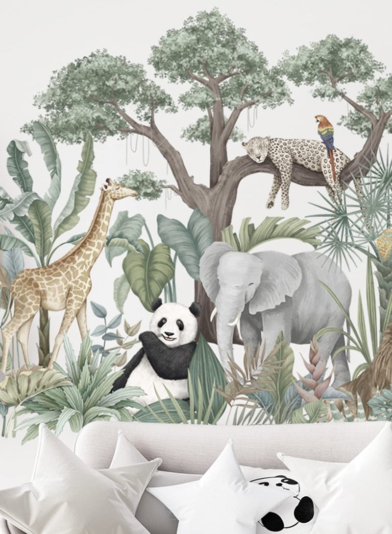 KASTWAVE ملصقات حائط حيوانات الغابة الاستوائية الكرتونية والنباتات الخضراء، جمل، زرافة، فيل، باندا، أسد، فهد، ببغاء للأطفال في غرفة النوم - Image 1