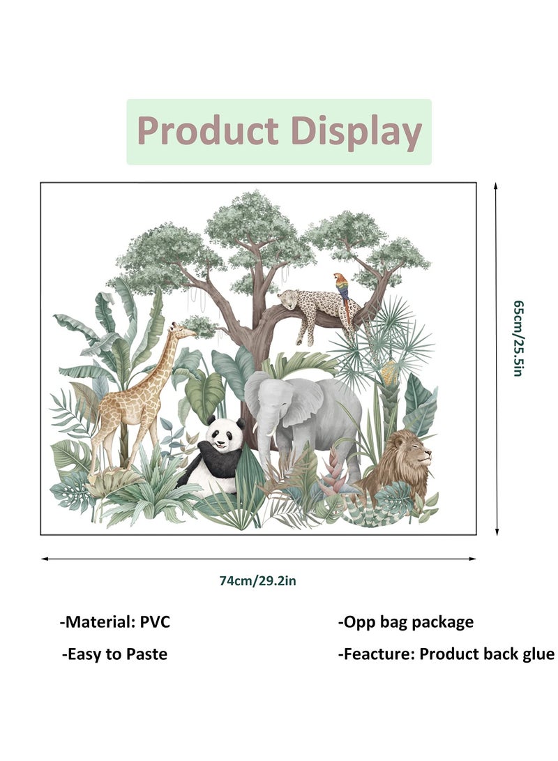 KASTWAVE ملصقات حائط حيوانات الغابة الاستوائية الكرتونية والنباتات الخضراء، جمل، زرافة، فيل، باندا، أسد، فهد، ببغاء للأطفال في غرفة النوم - Image 2