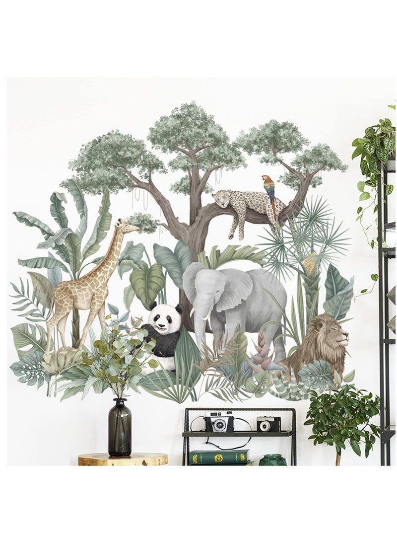 KASTWAVE ملصقات حائط حيوانات الغابة الاستوائية الكرتونية والنباتات الخضراء، جمل، زرافة، فيل، باندا، أسد، فهد، ببغاء للأطفال في غرفة النوم - Image 5