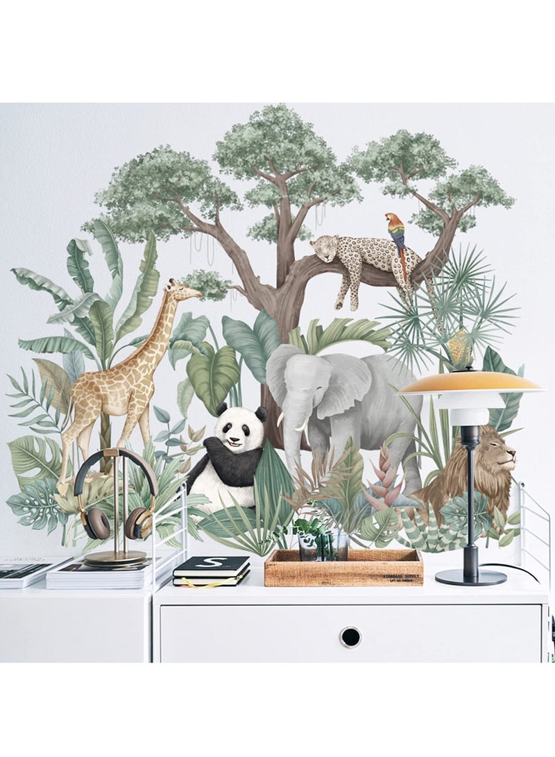 KASTWAVE ملصقات حائط حيوانات الغابة الاستوائية الكرتونية والنباتات الخضراء، جمل، زرافة، فيل، باندا، أسد، فهد، ببغاء للأطفال في غرفة النوم - Image 4