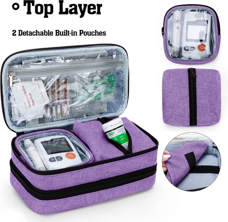 CURMIO Insulated Insulin Cooler Travel Case Double Layer Diabetic Supplies Storage Bag with Detachable Pouches for Diabetic Medication and Ice Packs Purple Empty Bag Only - Image 2