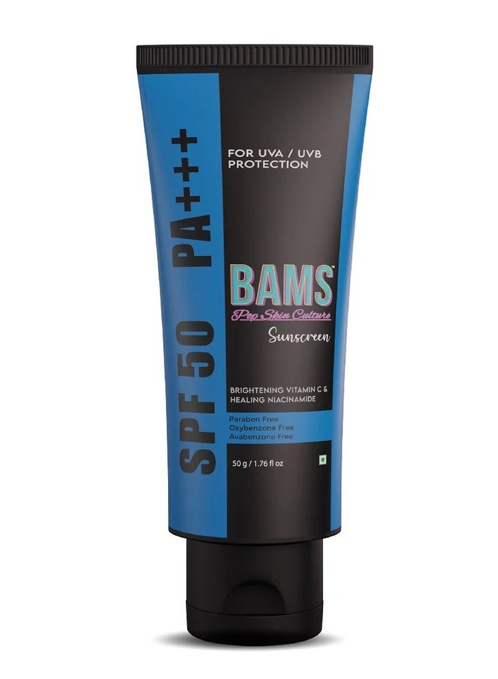 BAMS Pop Skin Culture Sunscreen SPF 50 PA ++++ Lightweight Sun Cream, That Moisturizes & Leaves No White Cast UVA & UVB Sun Protection Niacinamide, Ceramide Mineral Sunscreen SPF 50 for Women and Men 50ml - Image 1