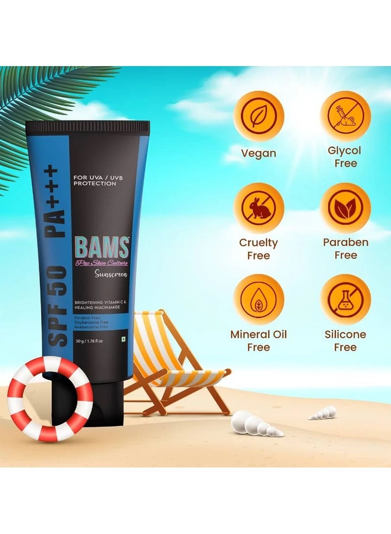 BAMS Pop Skin Culture Sunscreen SPF 50 PA ++++ Lightweight Sun Cream, That Moisturizes & Leaves No White Cast UVA & UVB Sun Protection Niacinamide, Ceramide Mineral Sunscreen SPF 50 for Women and Men 50ml - Image 4