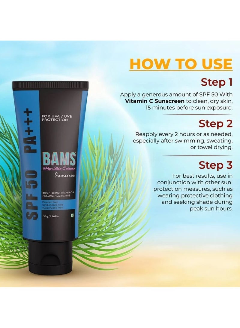 BAMS Pop Skin Culture Sunscreen SPF 50 PA ++++ Lightweight Sun Cream, That Moisturizes & Leaves No White Cast UVA & UVB Sun Protection Niacinamide, Ceramide Mineral Sunscreen SPF 50 for Women and Men 50ml - Image 3