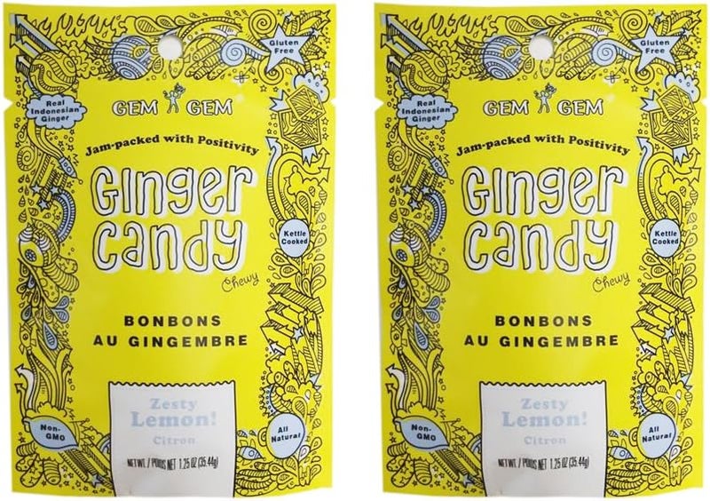 Gem Gem All Natural Chewy Ginger Candy - Zesty Lemon Flavor, 1.25oz (2 Pack)