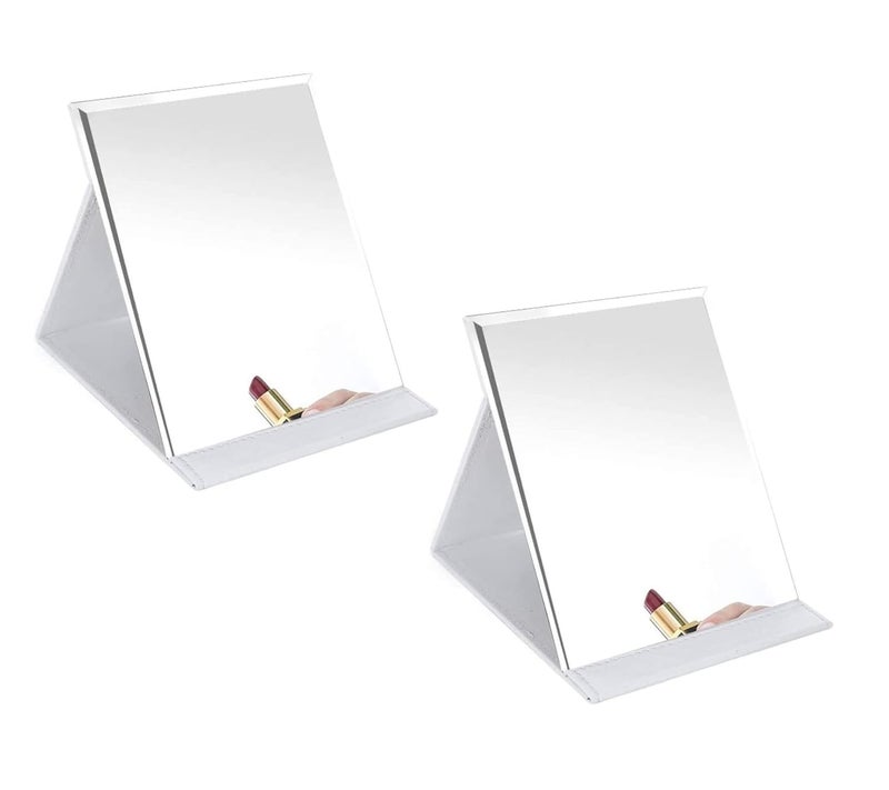 VELINEX Foldable Makeup Mirror Compact Size Frameless Portable Vanity Leather Mirror with Stand WhitePack of 2 - Image 1
