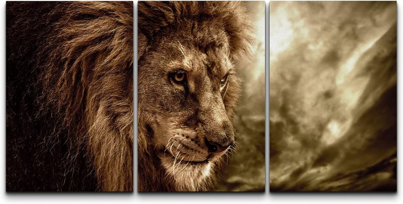 Wall26 Canvas Print Wall Art Set Grunge Effect Portrait of Jungle Lion Animals Nature Photography Realism Rustic Scenic Colorful Country Ultra for Living Room, Bedroom, Office - 24"x36"x3 Panels - Image 1