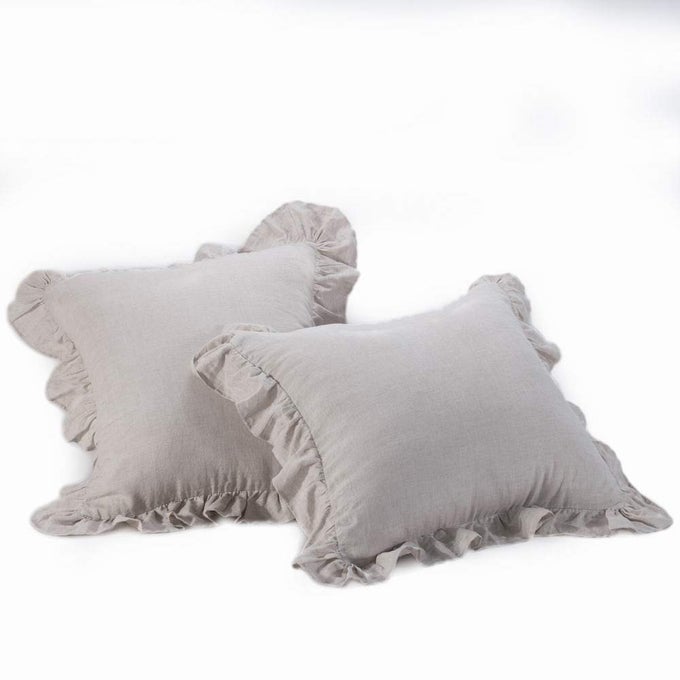 STONE WASHED FRENCH LINEN EUROPEAN PILLOW SHAMS SET OF 2 PIECES 26 INCHES X 26 INCHES SQUARE EURO SHAM SUPER SOFT RUFFLED STYLE NATURAL COLOR
