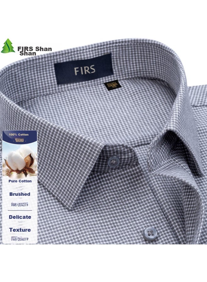 Firs Cotton Brushed Long Sleeve Shirt For Men, Plaid New Casual Business All Cotton Shirt, Gray And White Plaid, Size 40 - Image 1