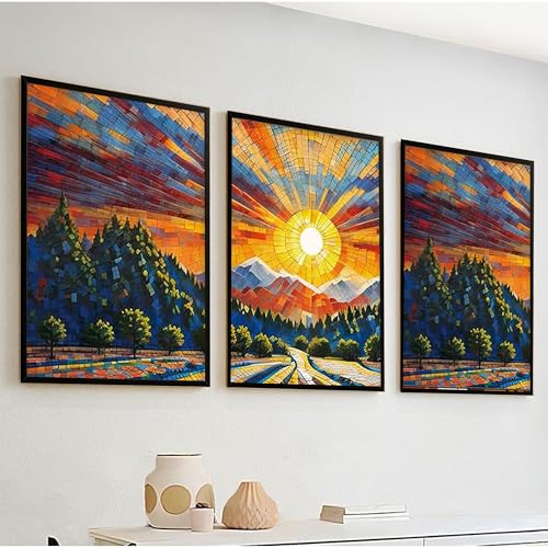 Nozvera Modern Abstract Madhubani Art Painting with Frame | UV Printed, Scratchless Sparkle Laminated | Paintings for Living Room, Home Decor, Bedroom, Office, Hall, Black Textured Frames, Set of 3 - Image 1