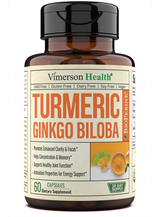 Vimerson Health Turmeric Curcumin & Ginkgo Biloba with Bioperine Black Pepper - Vegan Joint Support Supplement with Organic Tumeric, Ginkgo & Bioperine - Aids Brain Clarity, Focus, Memory, and Concentration. 60 Caps - Image 1