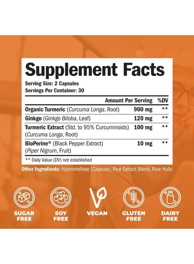 Vimerson Health Turmeric Curcumin & Ginkgo Biloba with Bioperine Black Pepper - Vegan Joint Support Supplement with Organic Tumeric, Ginkgo & Bioperine - Aids Brain Clarity, Focus, Memory, and Concentration. 60 Caps - Image 2