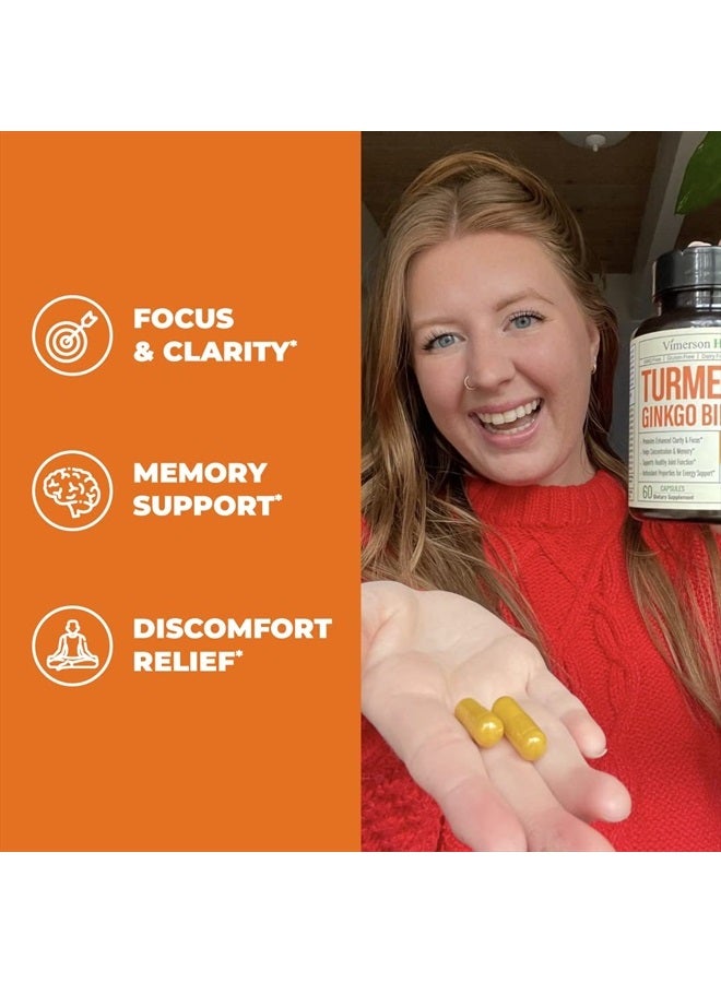 Vimerson Health Turmeric Curcumin & Ginkgo Biloba with Bioperine Black Pepper - Vegan Joint Support Supplement with Organic Tumeric, Ginkgo & Bioperine - Aids Brain Clarity, Focus, Memory, and Concentration. 60 Caps - Image 3