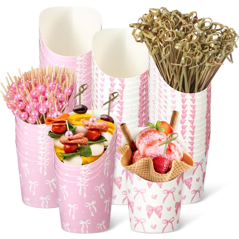 Tioncy 250 Pcs Charcuterie Cups with Cocktail Picks Sets, Bridal Shower Decoration 50 Charcuterie Cups with 200 Sticks for Wedding Baby Shower Floral Boho Witch Party Decorations (Pink,Bow) - Image 1