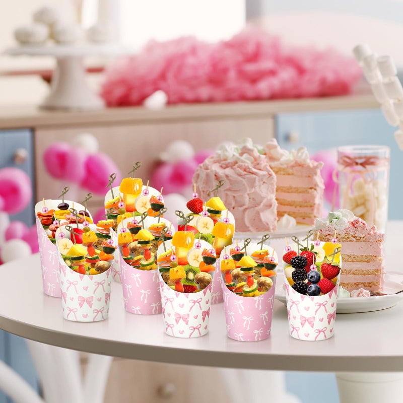 Tioncy 250 Pcs Charcuterie Cups with Cocktail Picks Sets, Bridal Shower Decoration 50 Charcuterie Cups with 200 Sticks for Wedding Baby Shower Floral Boho Witch Party Decorations (Pink,Bow) - Image 5