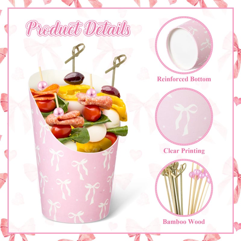 Tioncy 250 Pcs Charcuterie Cups with Cocktail Picks Sets, Bridal Shower Decoration 50 Charcuterie Cups with 200 Sticks for Wedding Baby Shower Floral Boho Witch Party Decorations (Pink,Bow) - Image 3