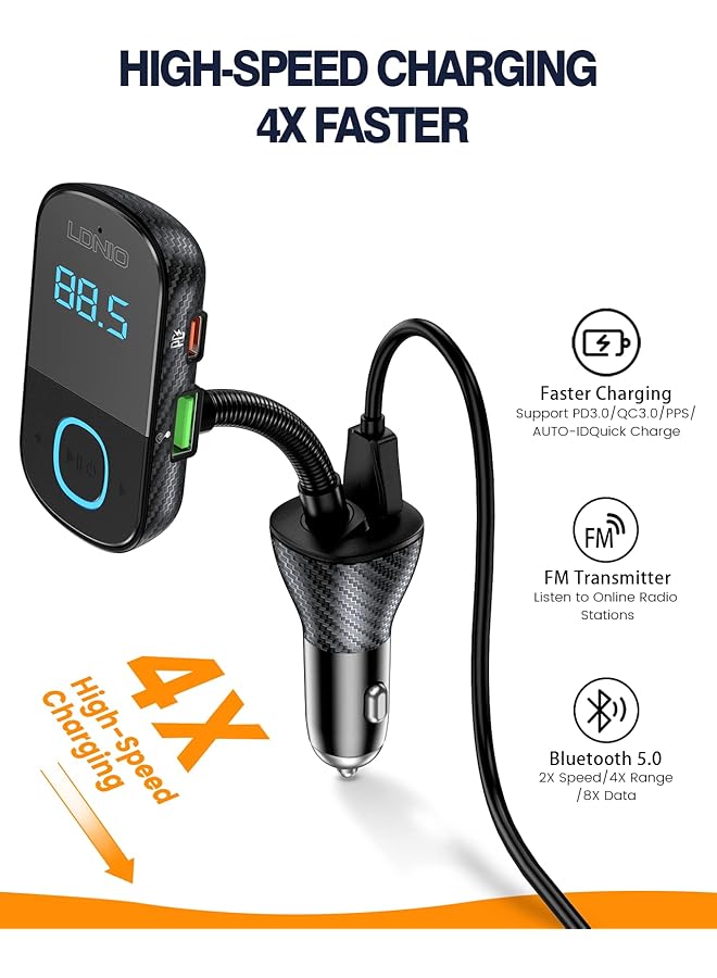 LDNIO Car Charger, Bluetooth 5.0 Fm Transmitter For Car Fast Charging With Hi-Fi Audio Triple Usb/Usb-C Ports 45W Support Pd3.0/Qc3.0/Pps/Auto-Id Quick Charge - Image 3