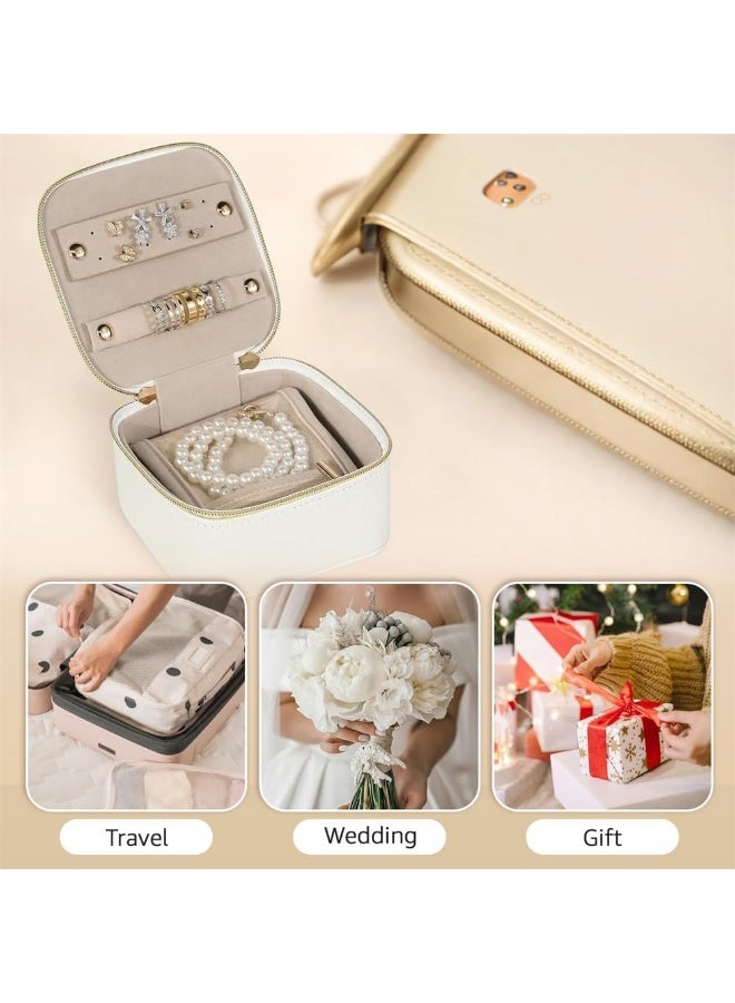 Small Jewelry Box Organizer, Travel Jewelry Case with 4 Velvet Jewelry Zipper Bags, PU Leather Gifts for Wedding, Birthday, Graduation, White - Image 3