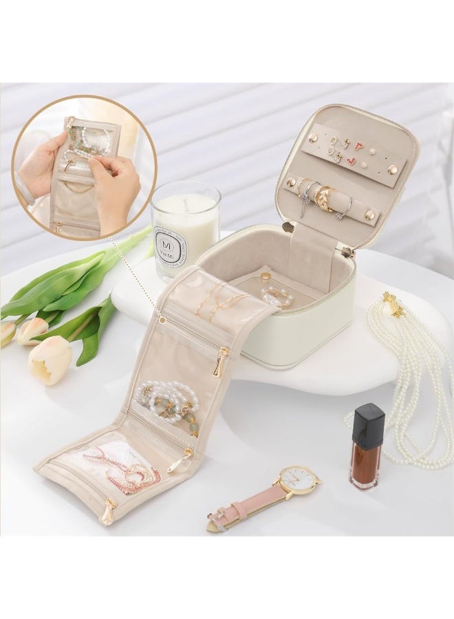 Small Jewelry Box Organizer, Travel Jewelry Case with 4 Velvet Jewelry Zipper Bags, PU Leather Gifts for Wedding, Birthday, Graduation, White - Image 5