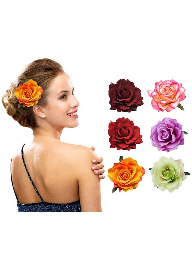 ericotry 6 Pieces Rose Flower Hair Clips Hair Clips Hairpin Elegant Large Rose Floral Brooches Flamenco Dancer Flower Pin Up Flower Brooch Bride Headpiece Hair Accessories For Women Girls  - Image 1