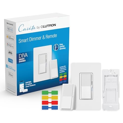 Lutron Diva Smart Dimmer Light Switch 3-Way Kit for Caseta Smart Lighting, w/Plate, Pico Remote, Wallmount Bracket, and Label Stickers, No Neutral Required, DVRF-PKG1D-WH - Image 1