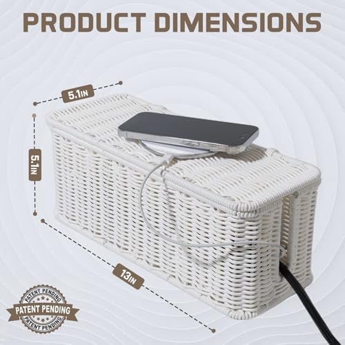 Cantalop Cable Management Box Handmade Rattan Cable Organizer with 2 Open Slots Cord Hider for Power Strip Router USB Hub Registered US Design Patent D1112102 13 x 51 x 51 White - Image 3